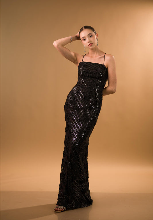 Vestido Negro Detalle De Flores De Corset