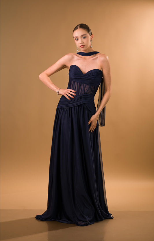 Azul Marino Straple Pegado Abdomen Suelto En Falda Con Estola