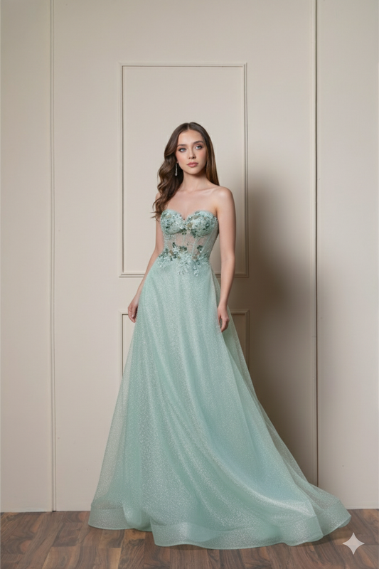 Vestido Azul Aqua Diseño en Corset Corte A con Capa