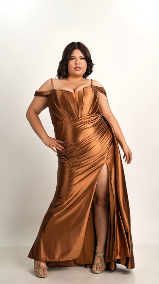 Vestido Cobre Manga Caída Y Tirantes Banda