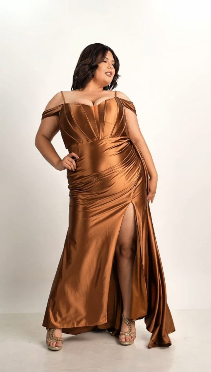 Vestido Cobre Manga Caída Y Tirantes Banda