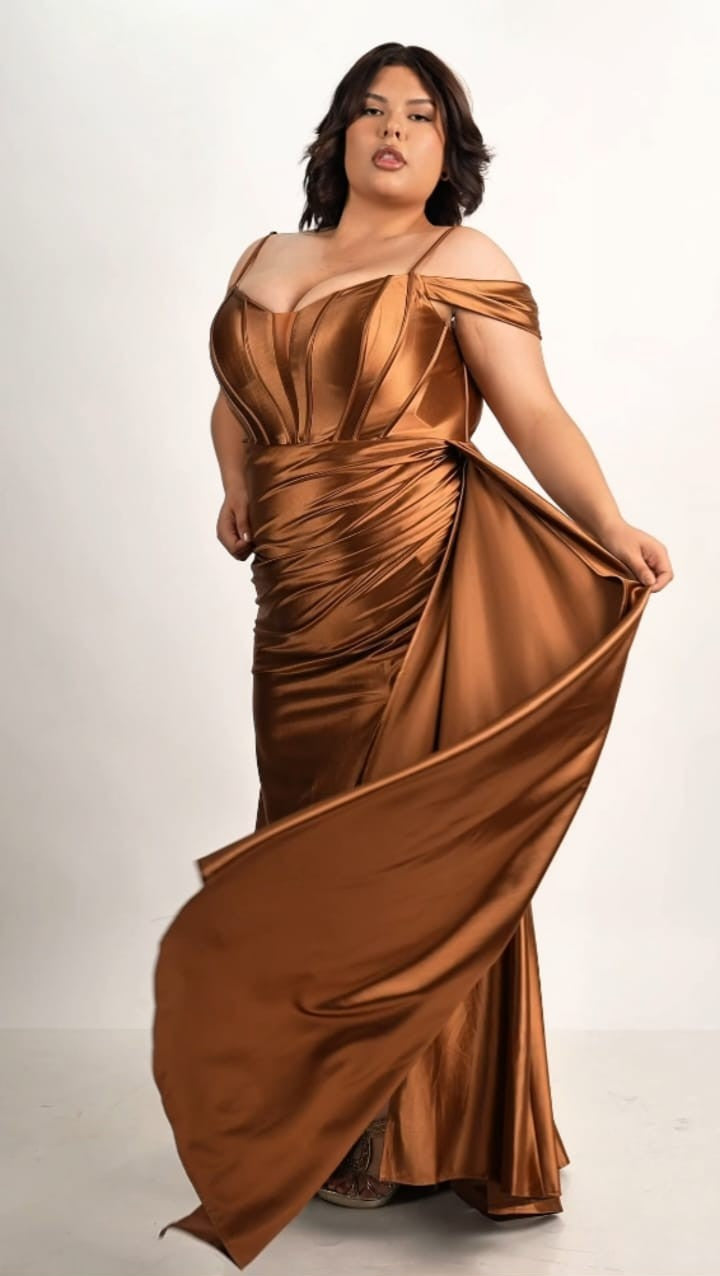 Vestido Cobre Manga Caída Y Tirantes Banda