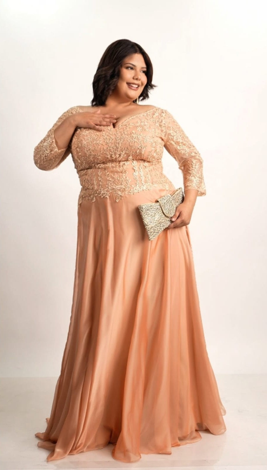 Vestido Melon Corte A Bordado En Abdomen Y Mangas