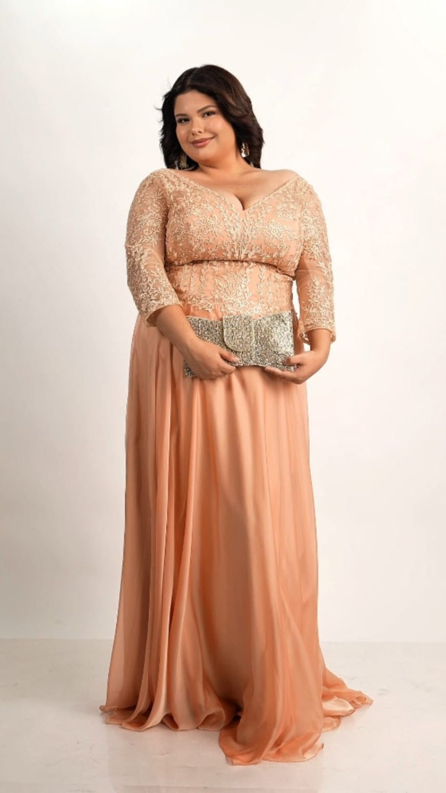 Vestido Melon Corte A Bordado En Abdomen Y Mangas