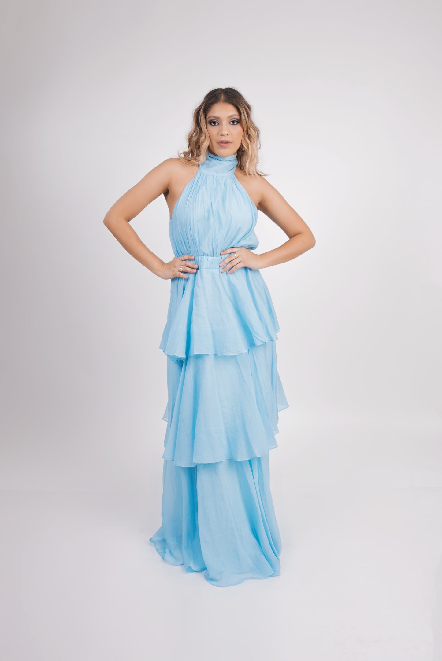 Vestido Azul Aqua Escote Halter en tablones