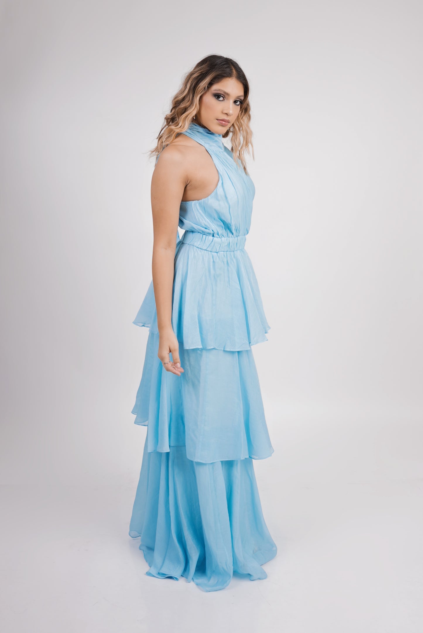 Vestido Azul Aqua Escote Halter en tablones