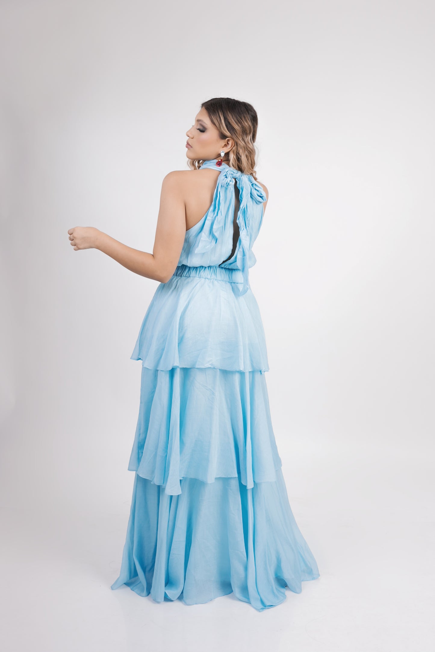 Vestido Azul Aqua Escote Halter en tablones