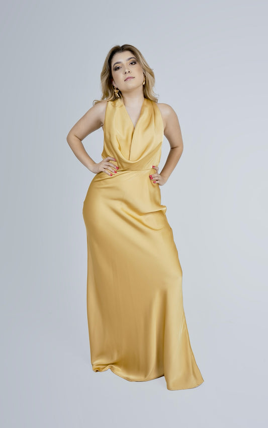 Vestido Satin Escote Caido Espalda Descubierta