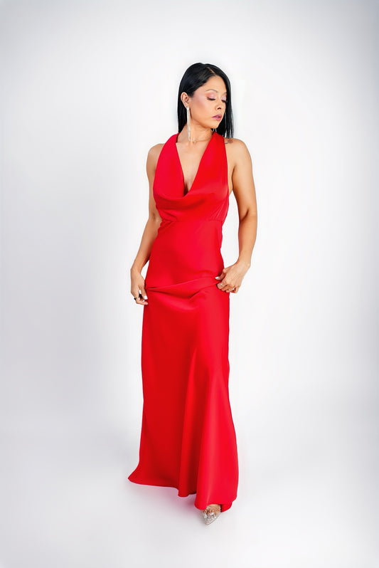 Vestido Rojo Satin Escote Caido Espalda Descubierta