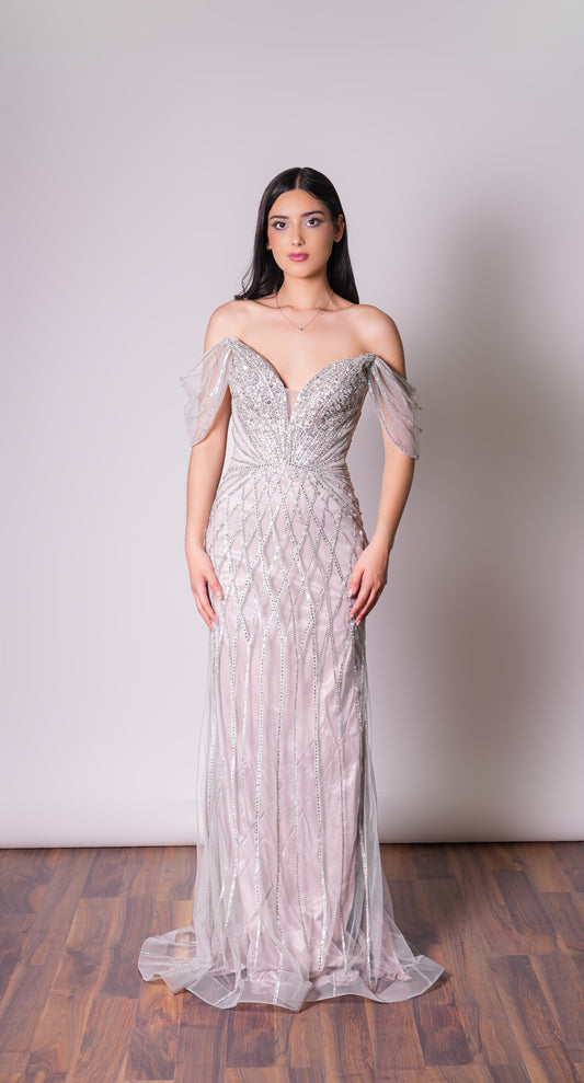 Vestido Plata Lentejuela Straple Manga Ampona