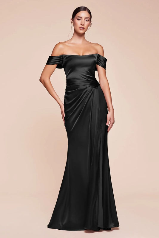 Vestido Negro Satin manga Caida con Estola