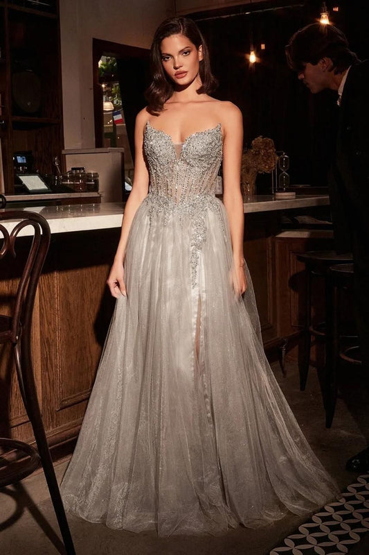 Vestido Plateado Straple Detalles En Corset Ampon