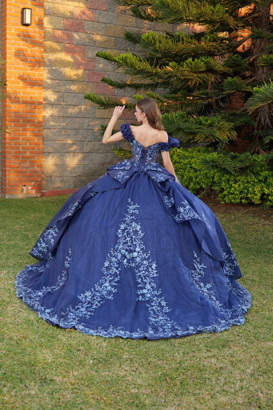 Vestido de XV Años Azul Marino Bordado Mangas Caídas Corrugadas