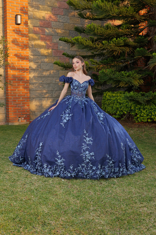 Vestido de XV Años Azul Marino Bordado Mangas Caídas Corrugadas