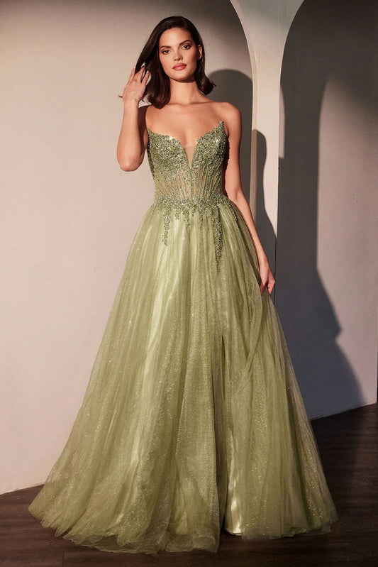 Vestido Verde Sage Corte Princesa Straple Pedreria En Abdomen