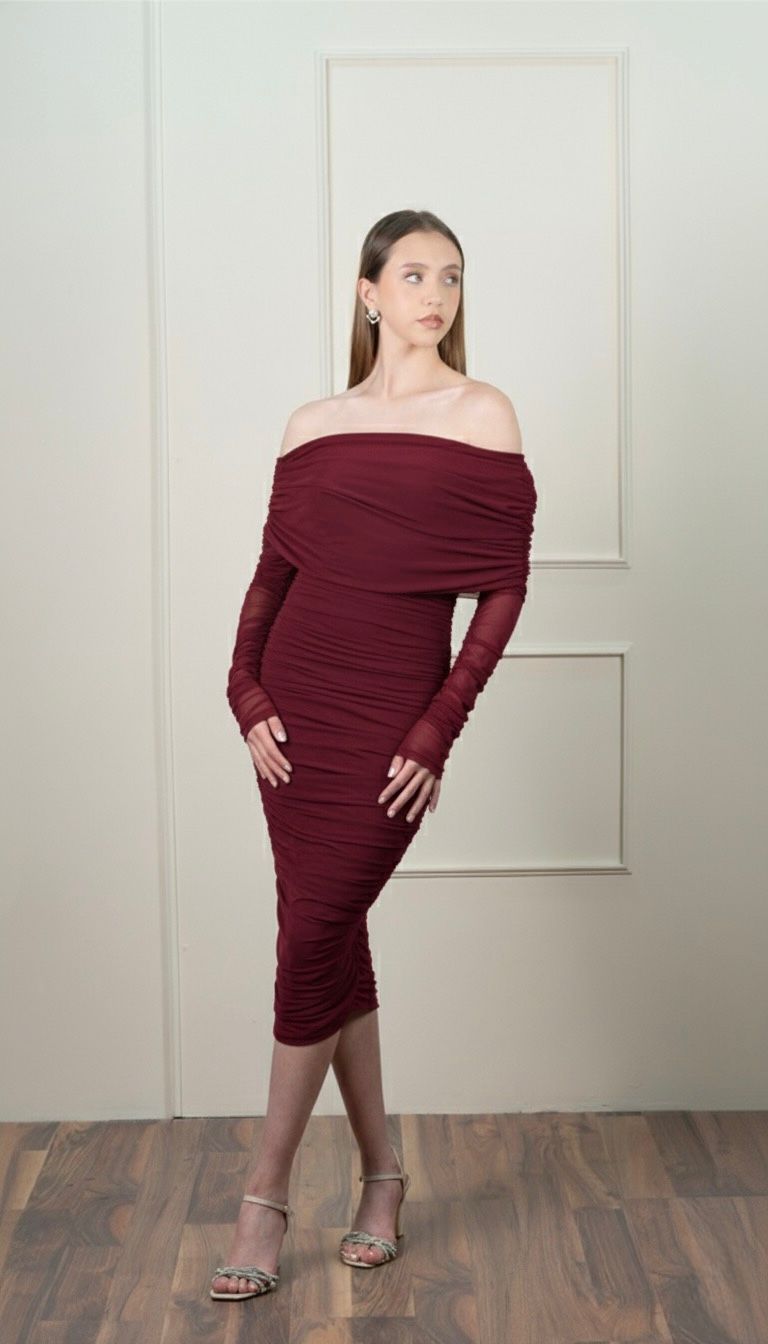Vestido Vino Midi Corrugado Manga Larga Campesina