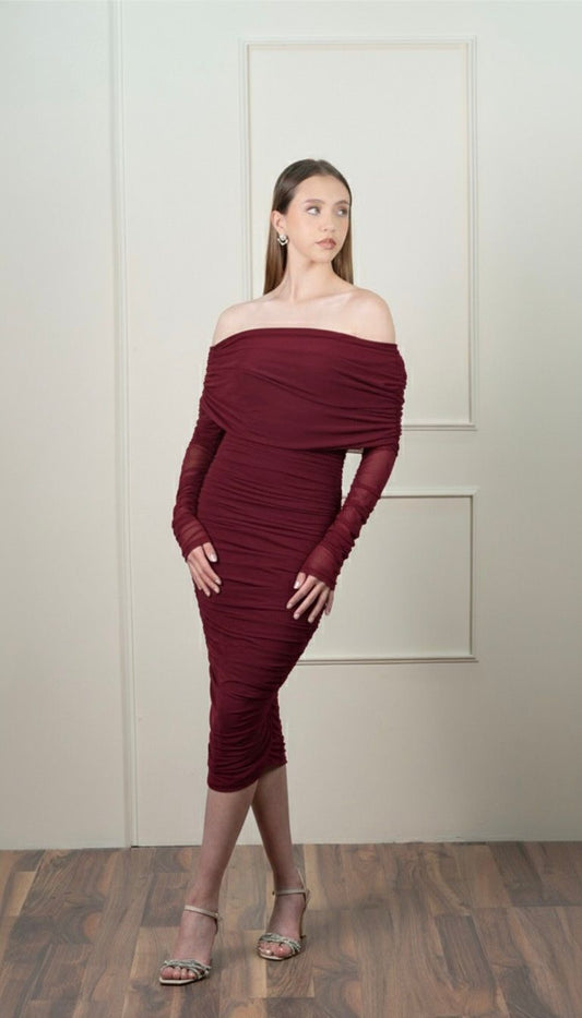 Vestido Vino Midi Corrugado Manga Larga Campesina