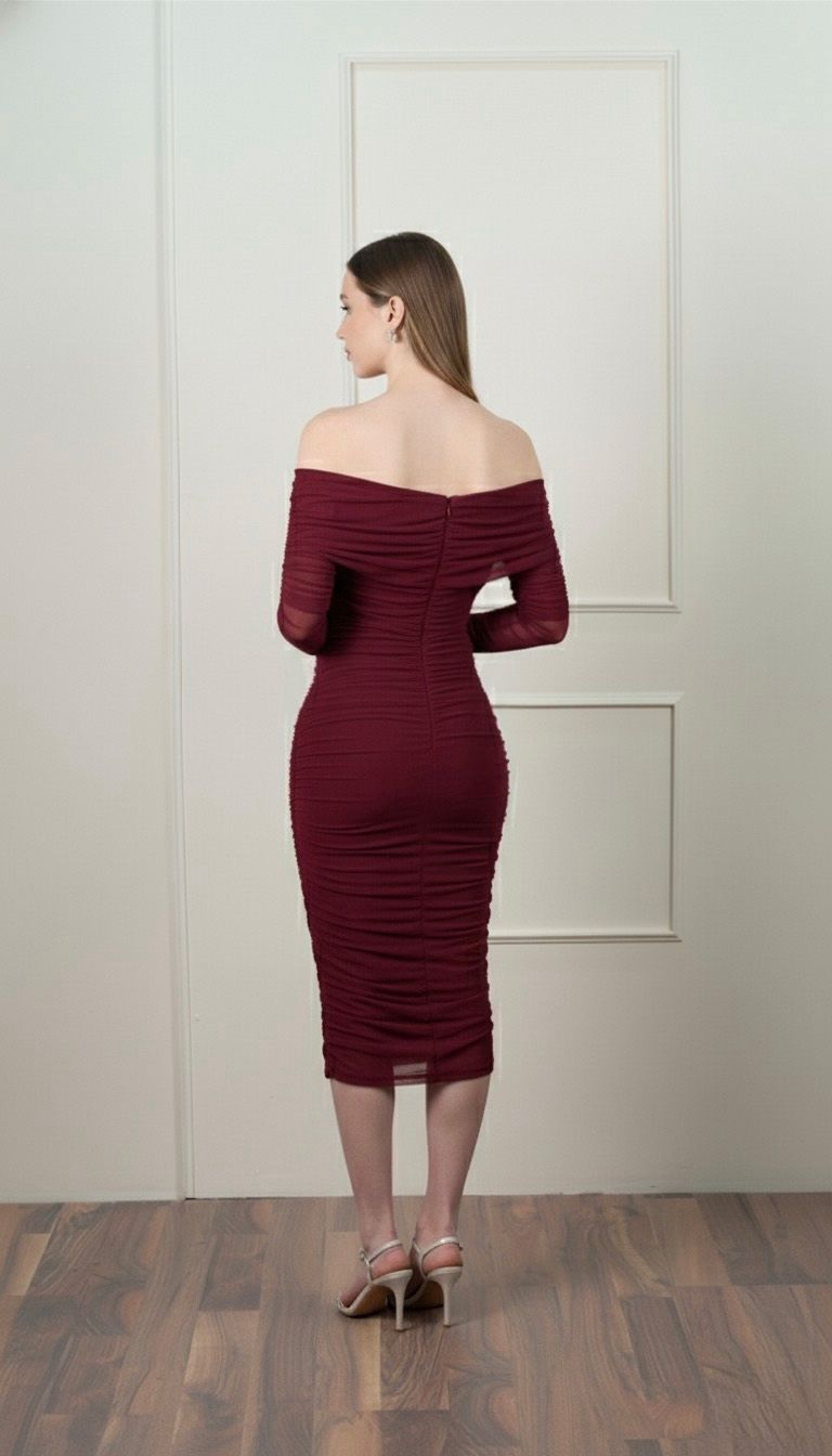Vestido Vino Midi Corrugado Manga Larga Campesina