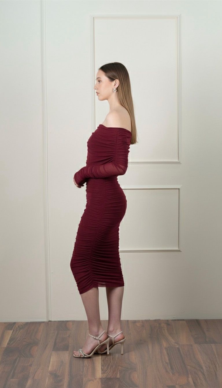 Vestido Vino Midi Corrugado Manga Larga Campesina