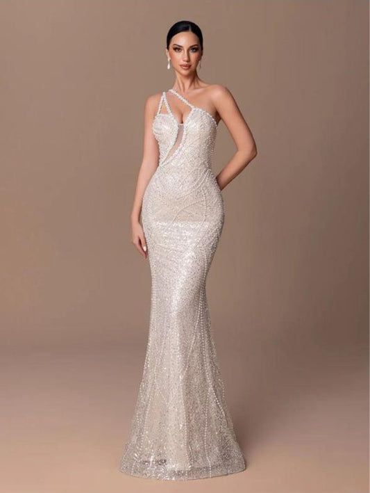 Vestido Nude Pedreria de Perlas Tirantes Cruzado