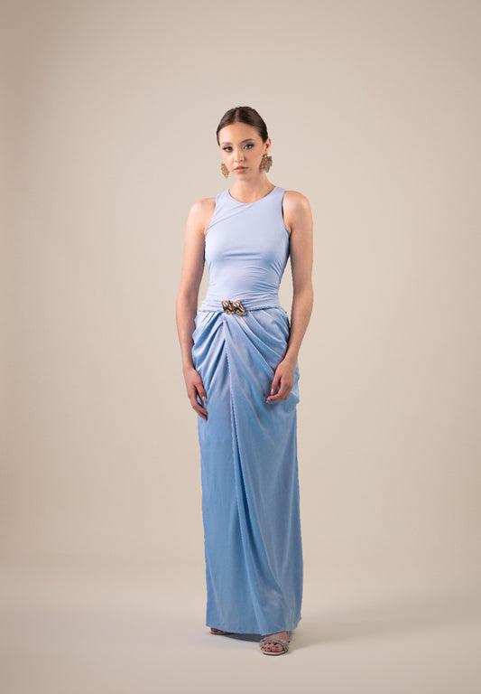 Azul Cielo Pegado Detalle Dorado En Cintura