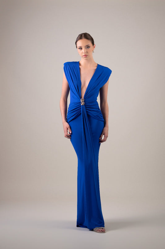 Azul Rey Escote En Pecho Y Detalle Dorado En Cintura