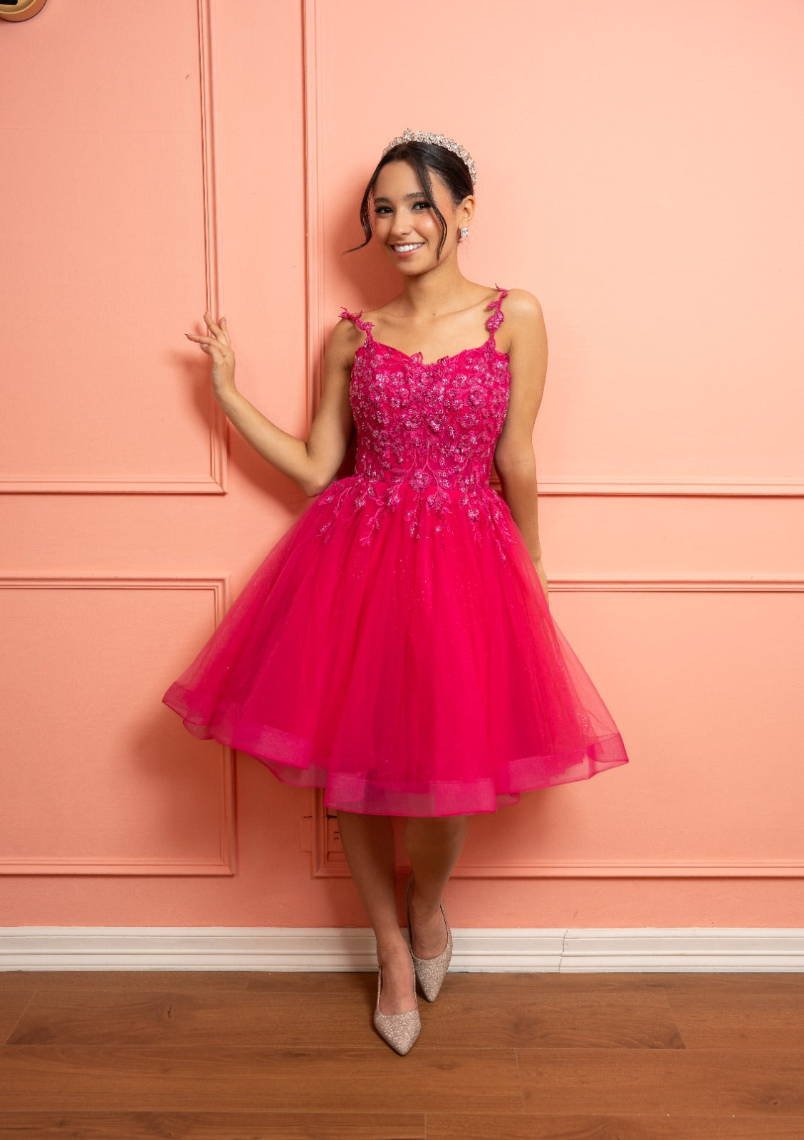 Vestido XV Rosa Fiusha Detalle En Corset Corto