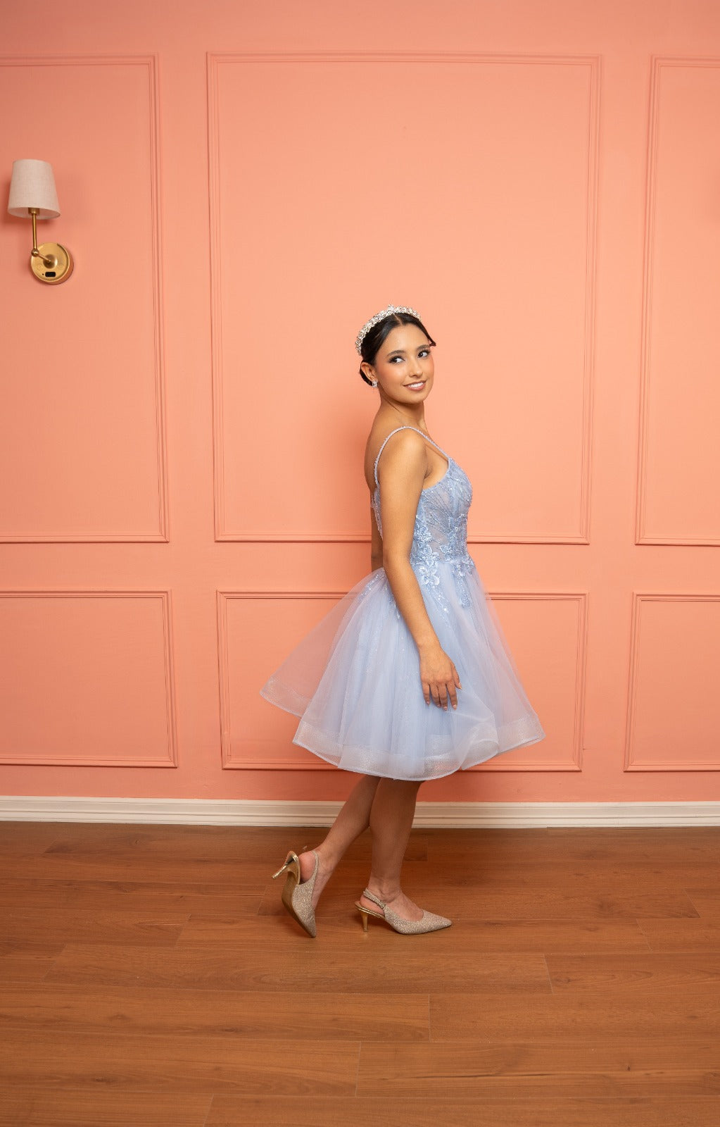 Vestido XV Años Azul Cielo Detalle En Corset Corto