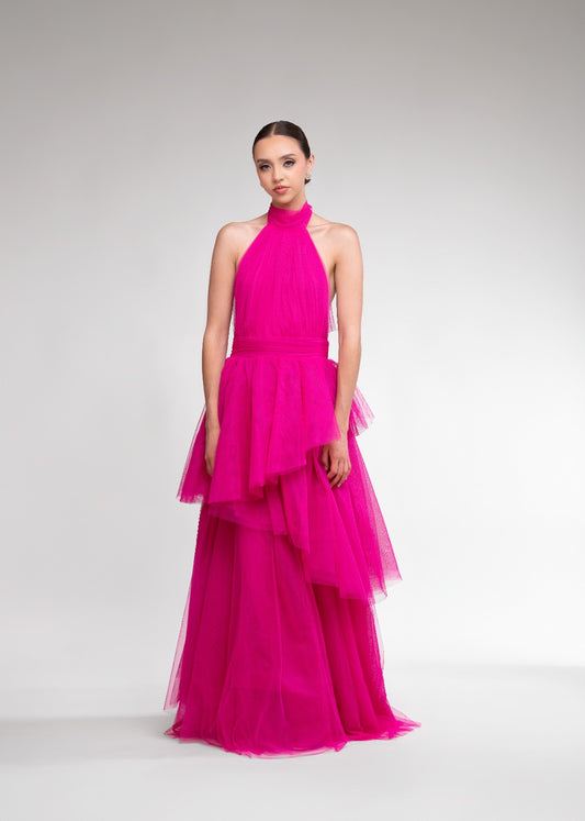 Rosa Fuerte De Tul Cuello Halter