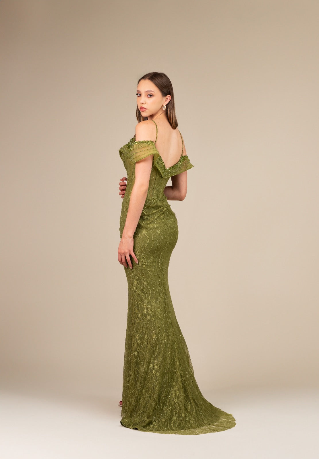 Verde Olivo Encaje Falda Detalle En Corset