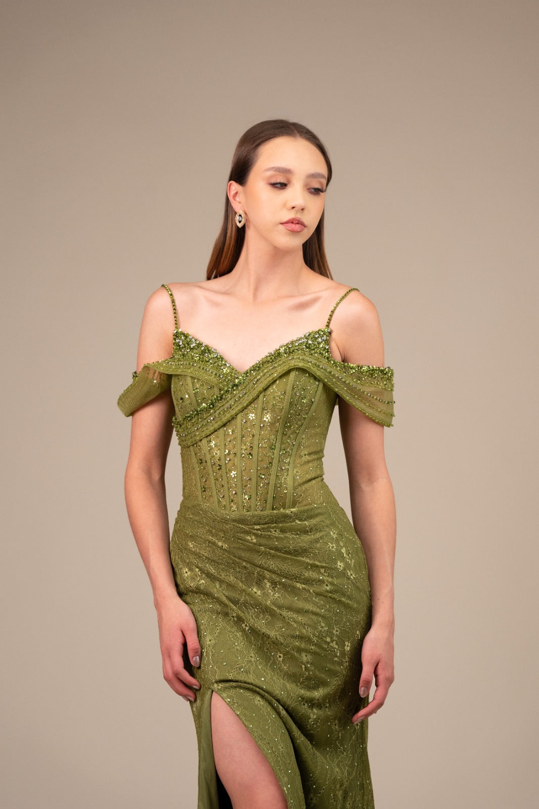 Verde Olivo Encaje Falda Detalle En Corset