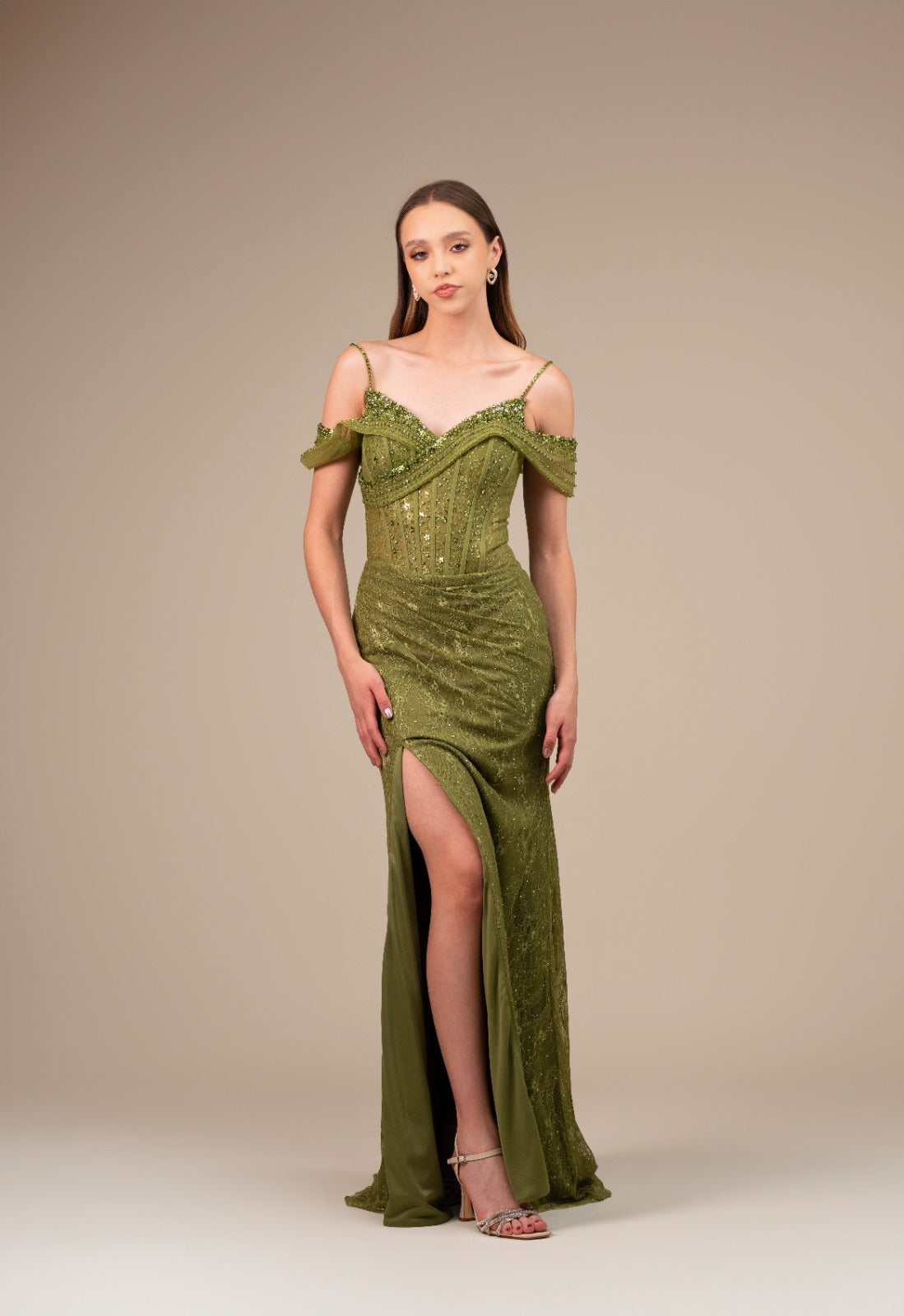 Verde Olivo Encaje Falda Detalle En Corset