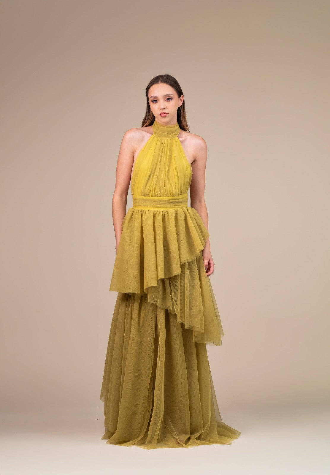 Verde De Tul Cuello Halter Espalda Descubierta