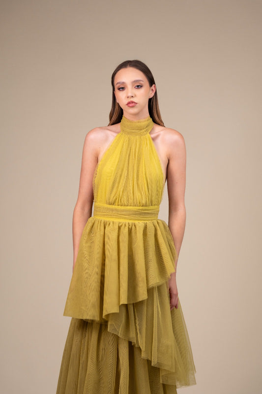 Verde De Tul Cuello Halter Espalda Descubierta