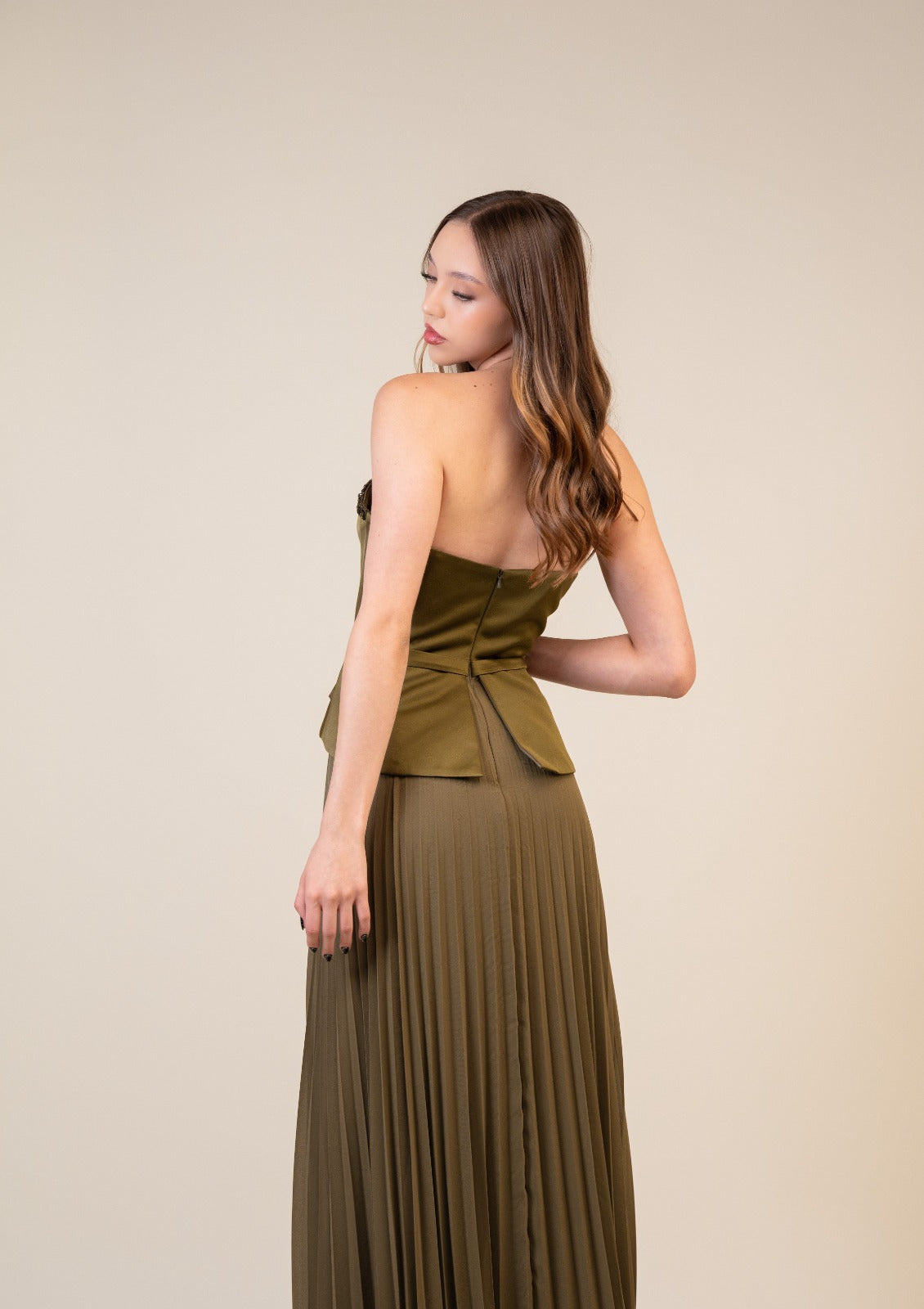 Verde Olivo Corset Falda De Tablones