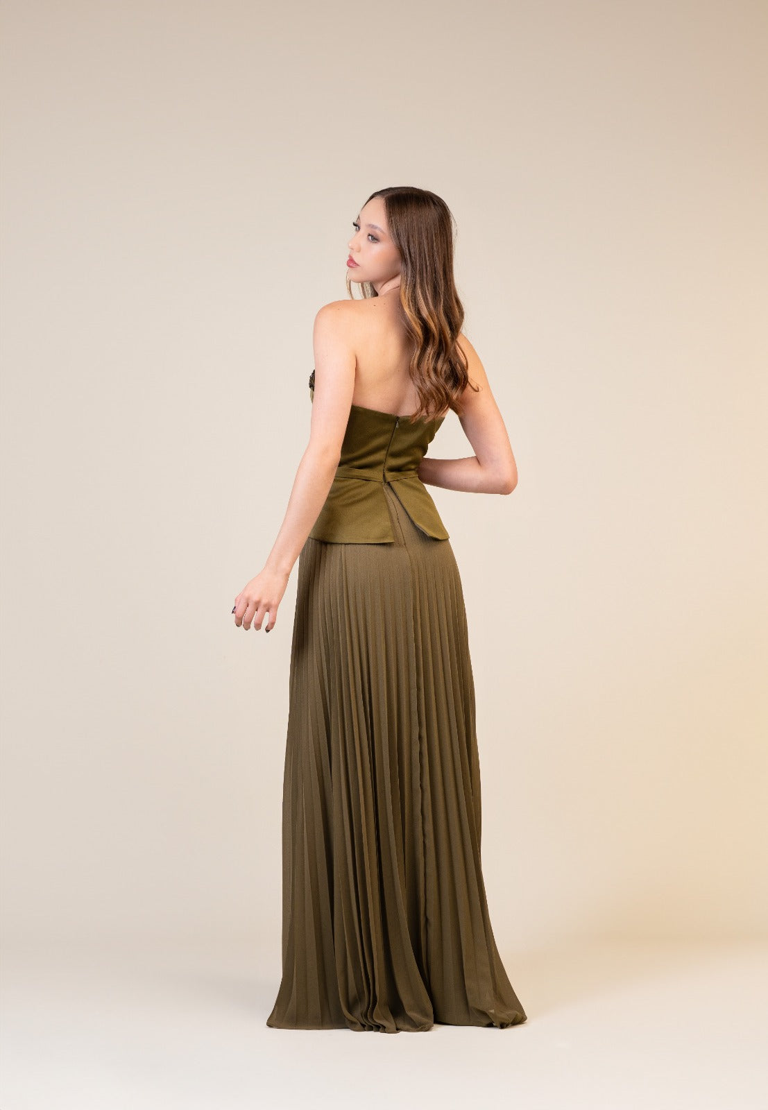 Verde Olivo Corset Falda De Tablones