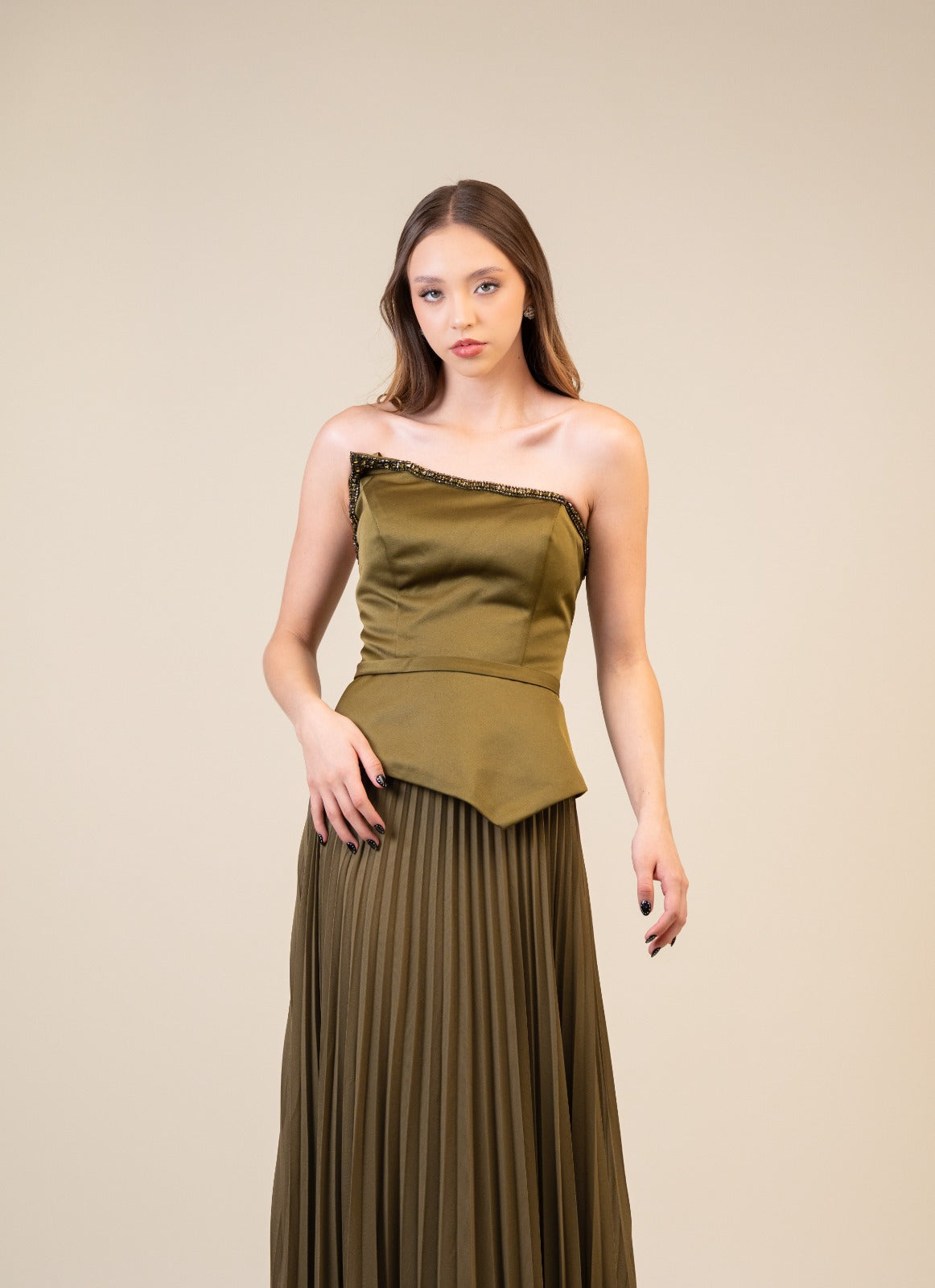 Verde Olivo Corset Falda De Tablones