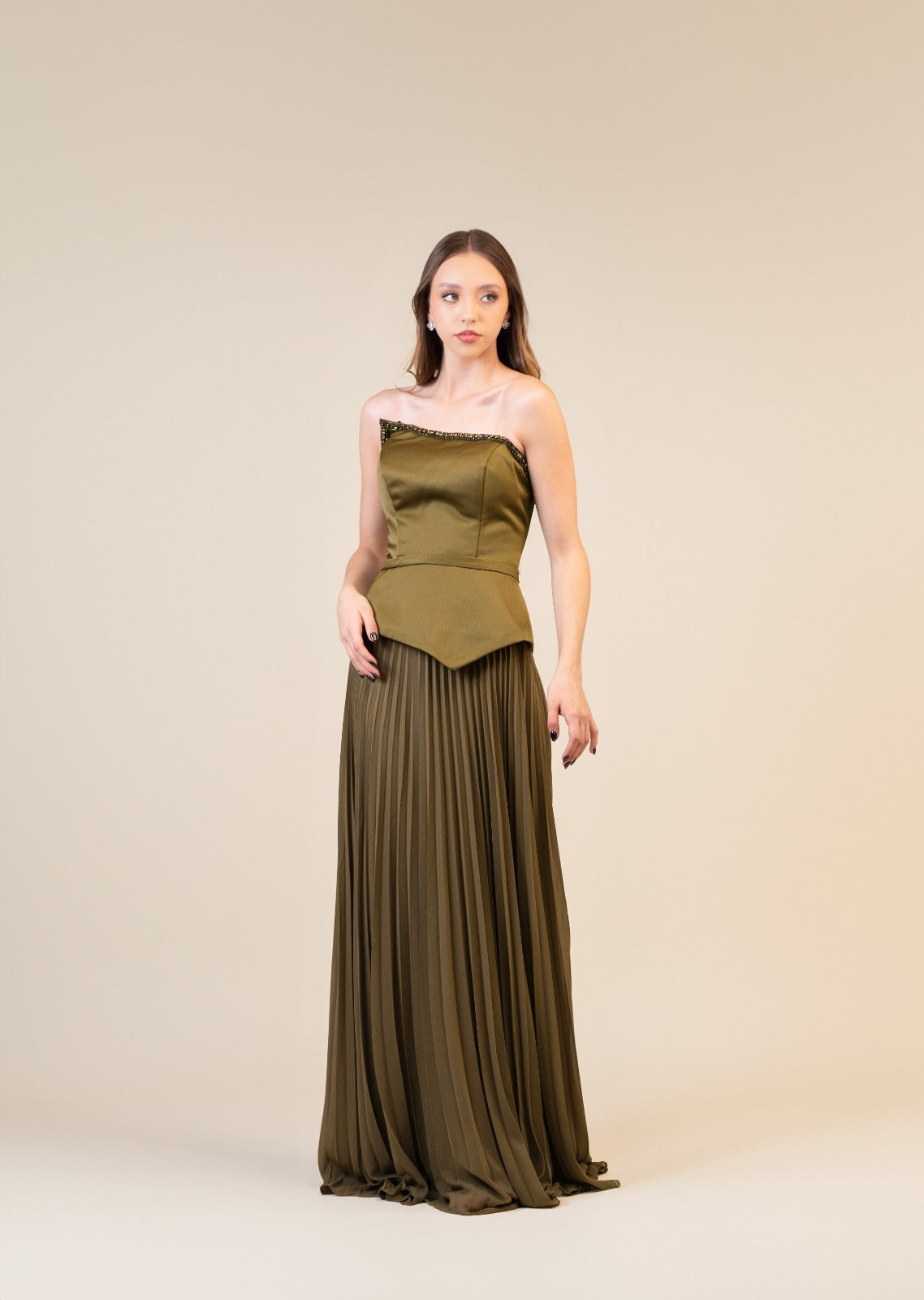 Verde Olivo Corset Falda De Tablones