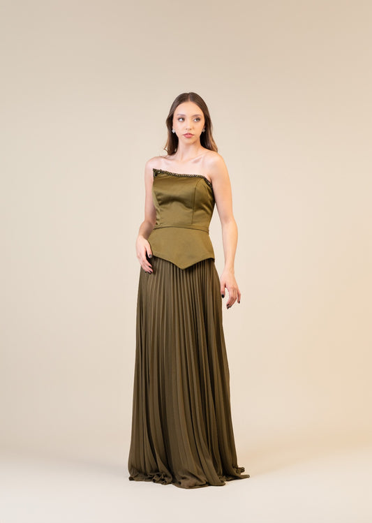 Verde Olivo Corset Falda De Tablones