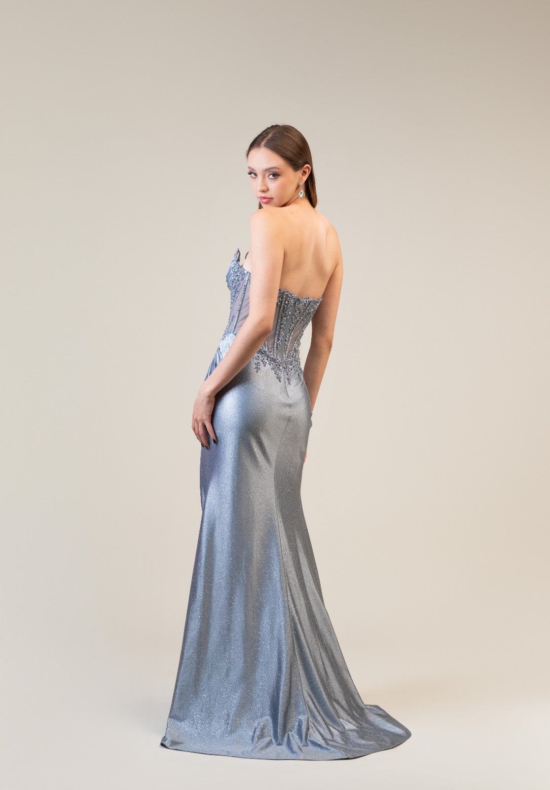 Azul Gris Straple Diseño En Corset Tela Brillosa