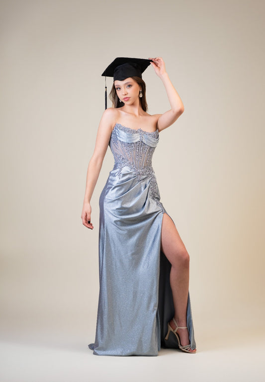 Azul Gris Straple Diseño En Corset Tela Brillosa