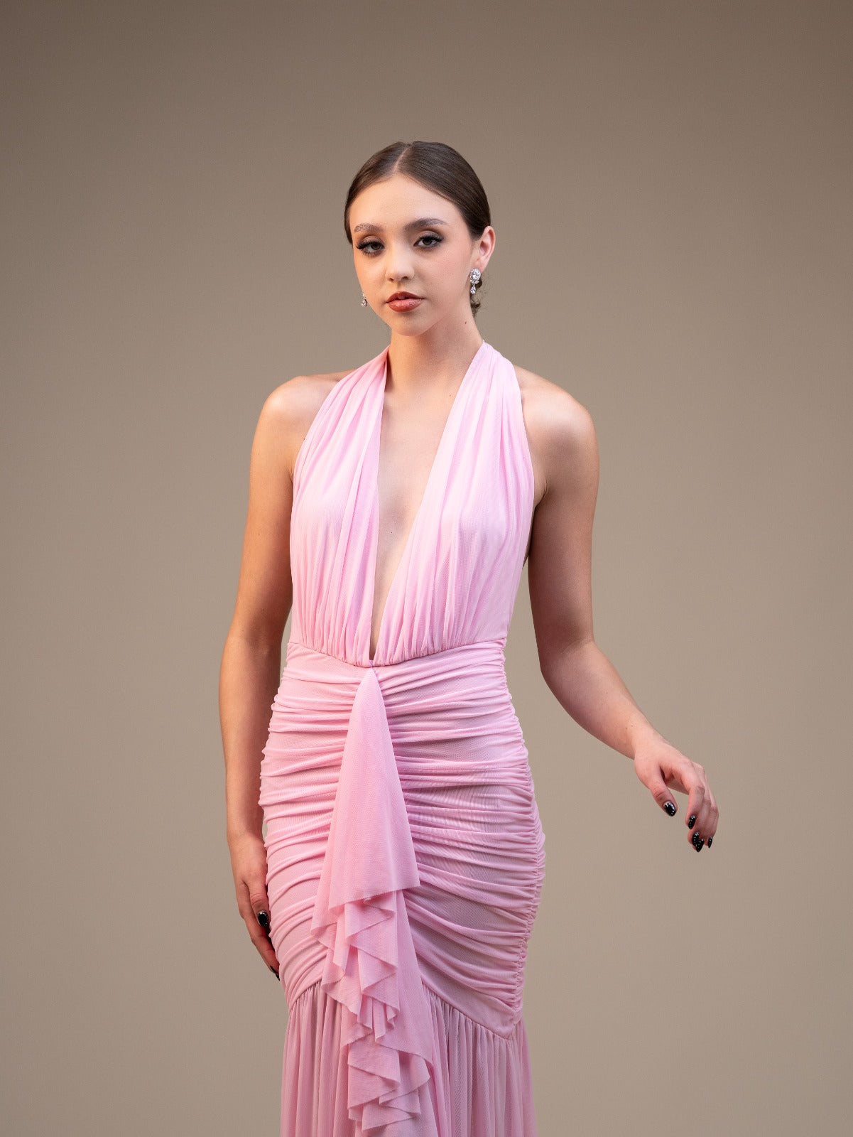 Rosa Pastel Corrugado Halter Olan