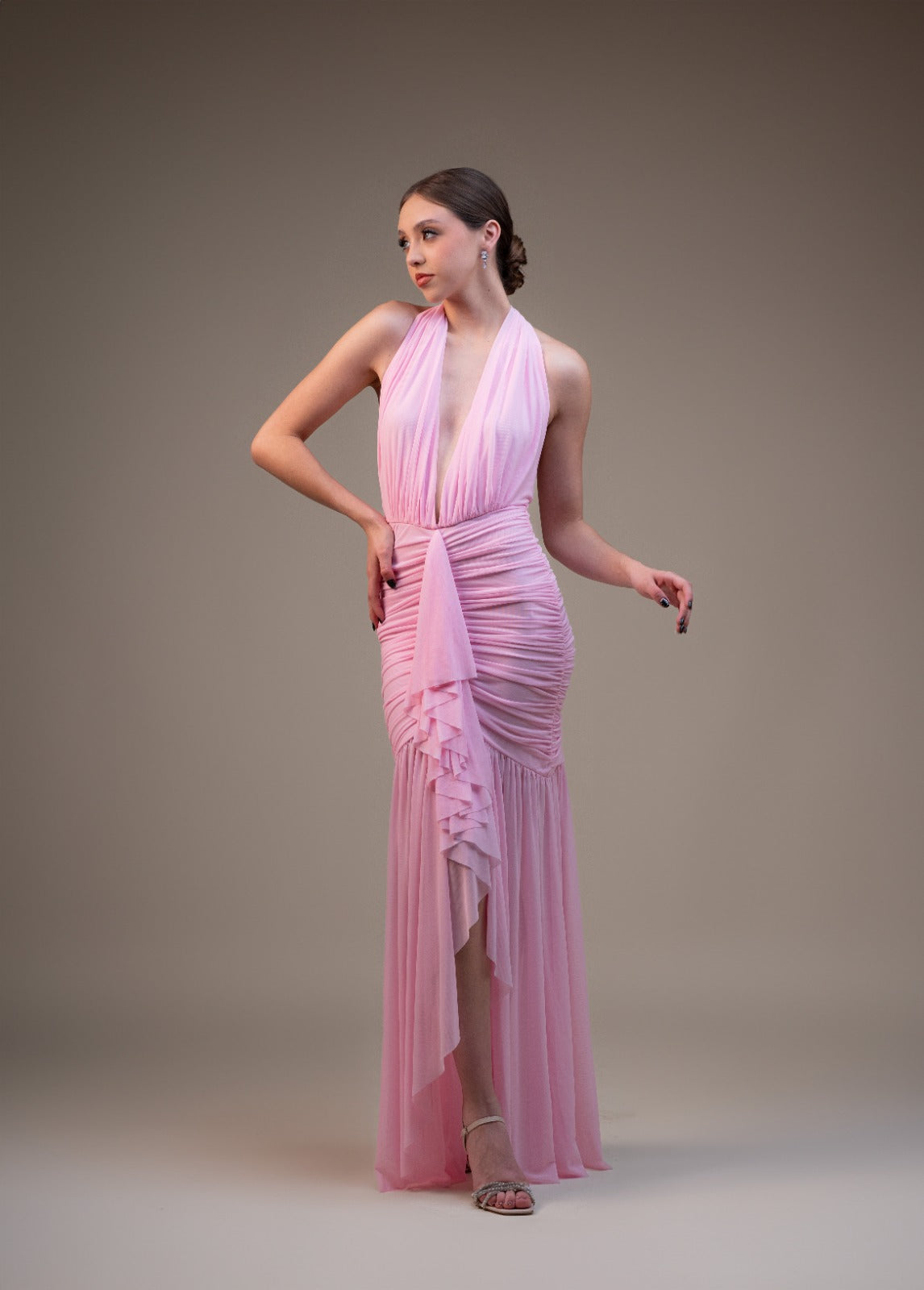 Rosa Pastel Corrugado Halter Olan