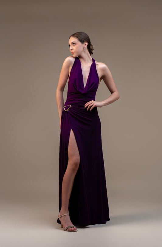 Morado Cuello Halter Detalle Dorado En Cintura