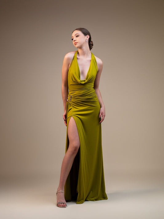 Verde Lima Cuello Halter Detalle Dorado En Cintura
