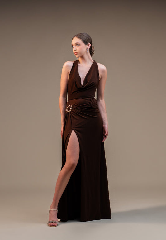 Cafe Cuello Halter Detalle Dorado En Cintura