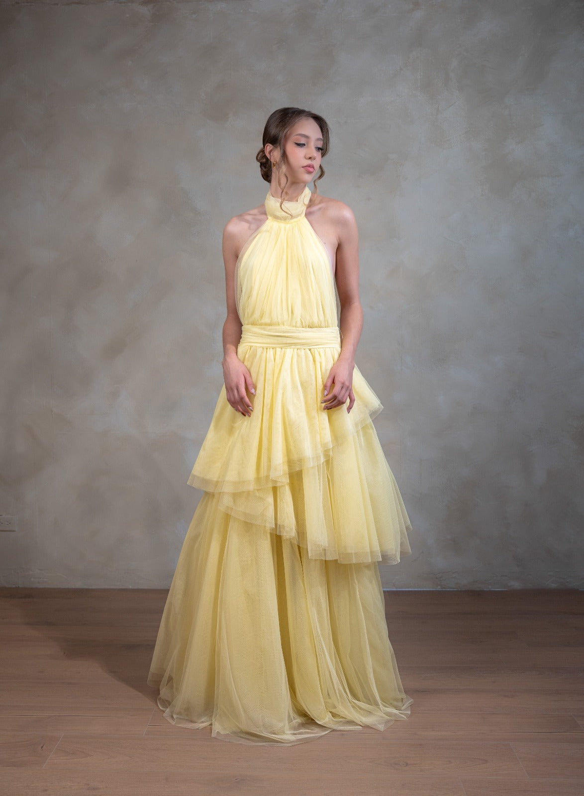 Amarillo Pastel De Tull Cuello Halter Espalda
