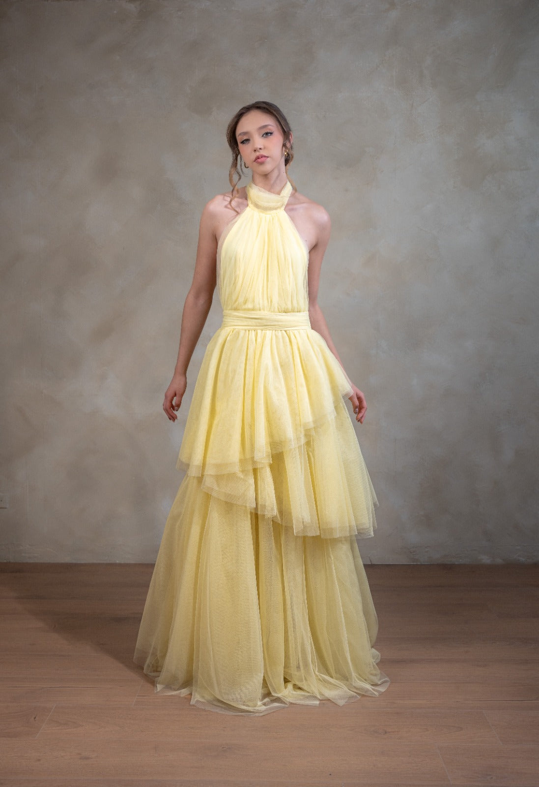 Amarillo Pastel De Tull Cuello Halter Espalda