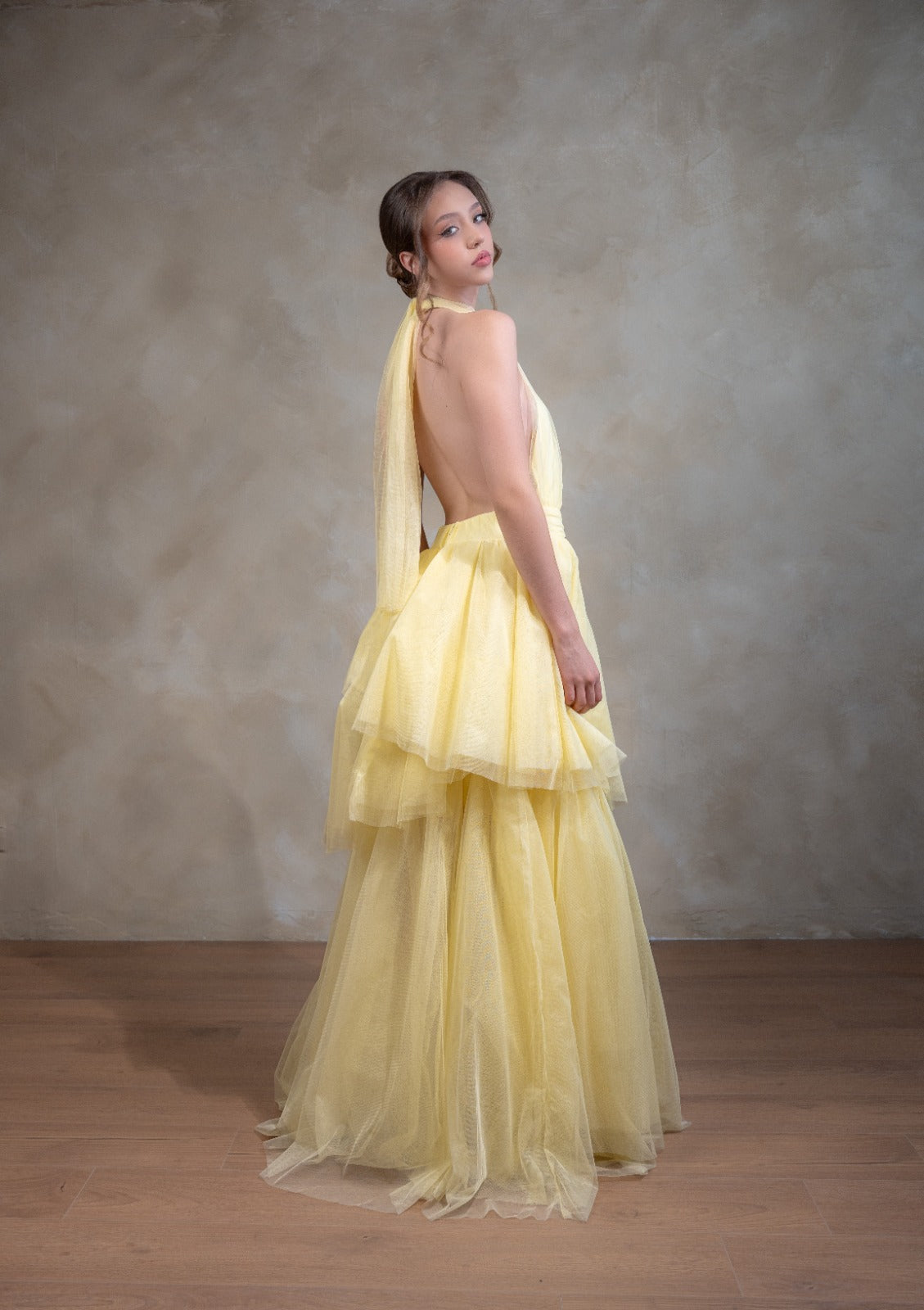 Amarillo Pastel De Tull Cuello Halter Espalda