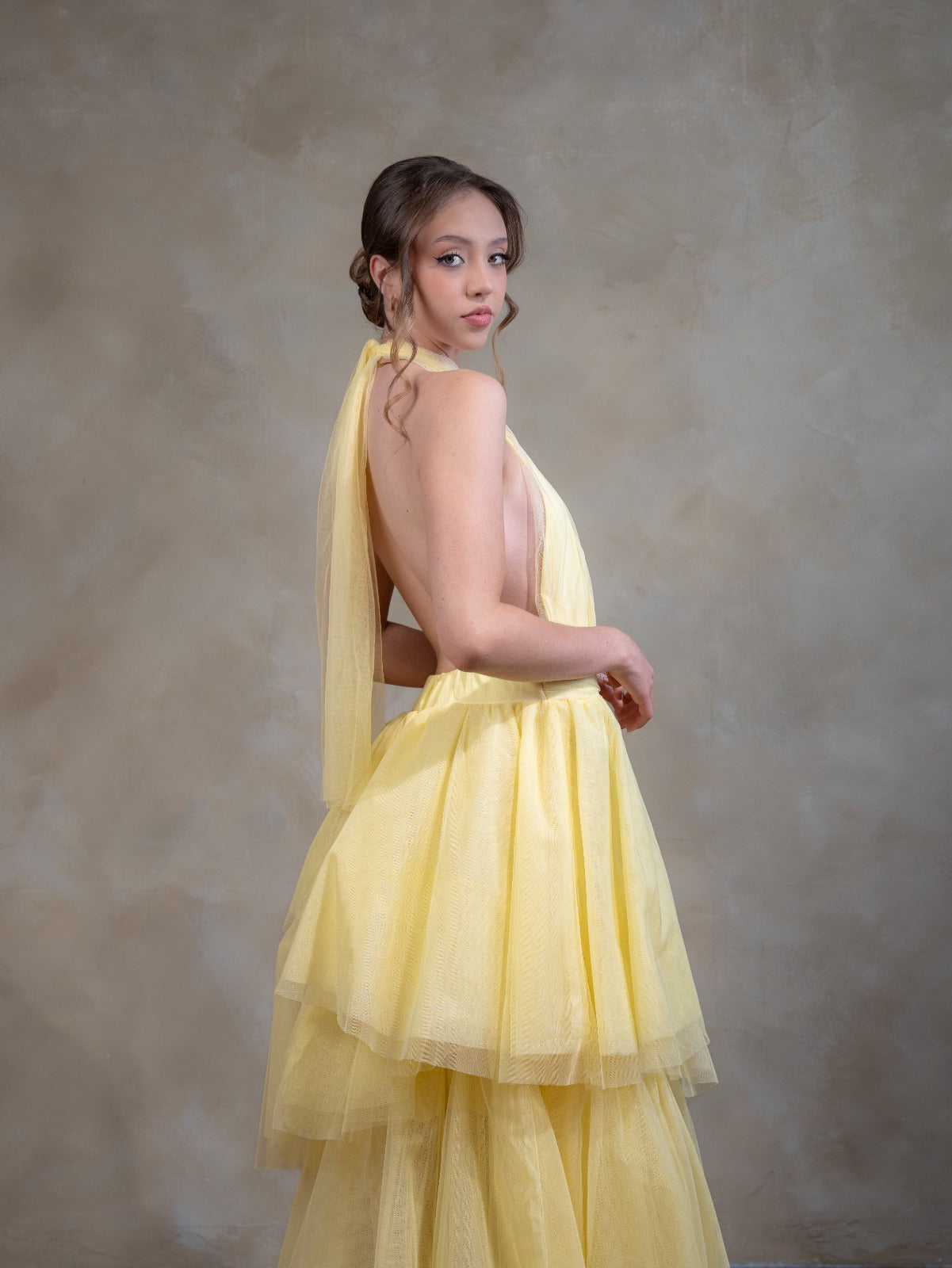 Amarillo Pastel De Tull Cuello Halter Espalda